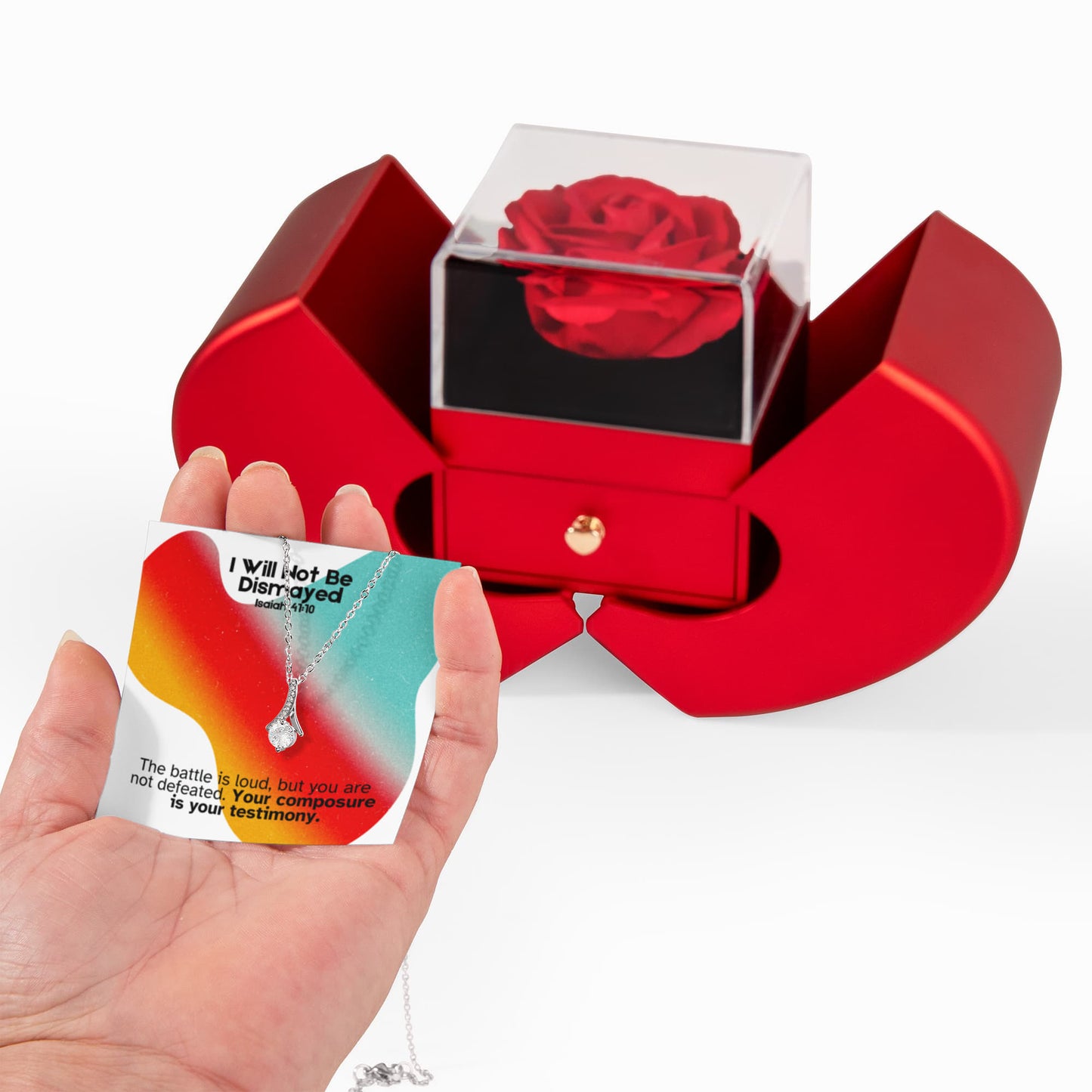 I Will Not Be Dismayed (Isaiah 41:10) | Love Knot Necklace in Red Heart Rose Box