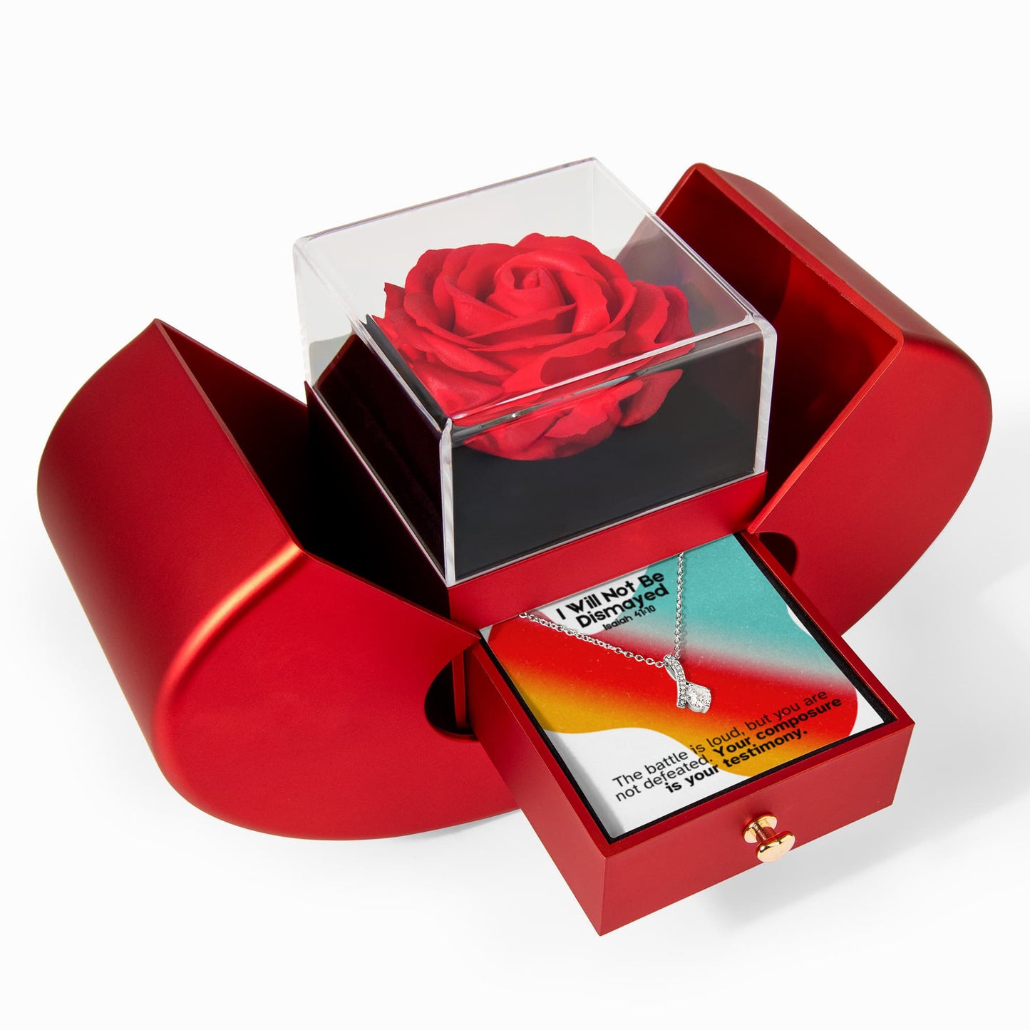 I Will Not Be Dismayed (Isaiah 41:10) | Love Knot Necklace in Red Heart Rose Box