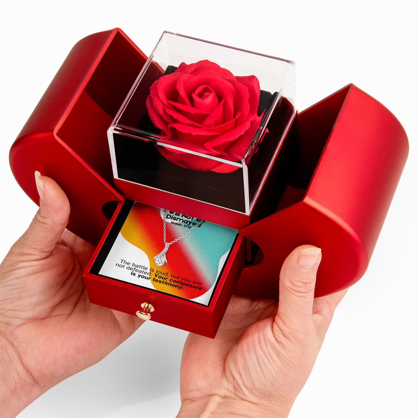 I Will Not Be Dismayed (Isaiah 41:10) | Love Knot Necklace in Red Heart Rose Box