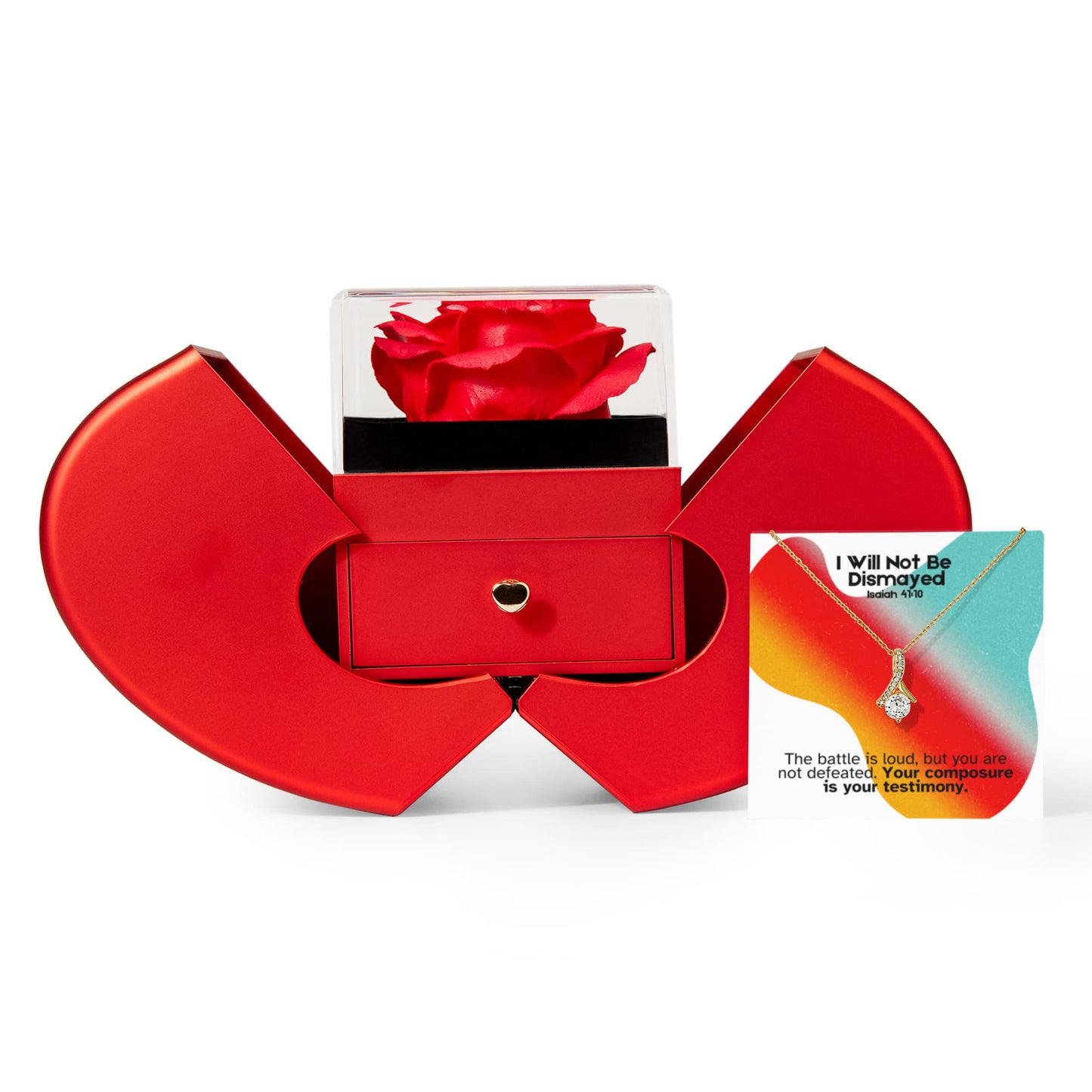 I Will Not Be Dismayed (Isaiah 41:10) | Love Knot Necklace in Red Heart Rose Box