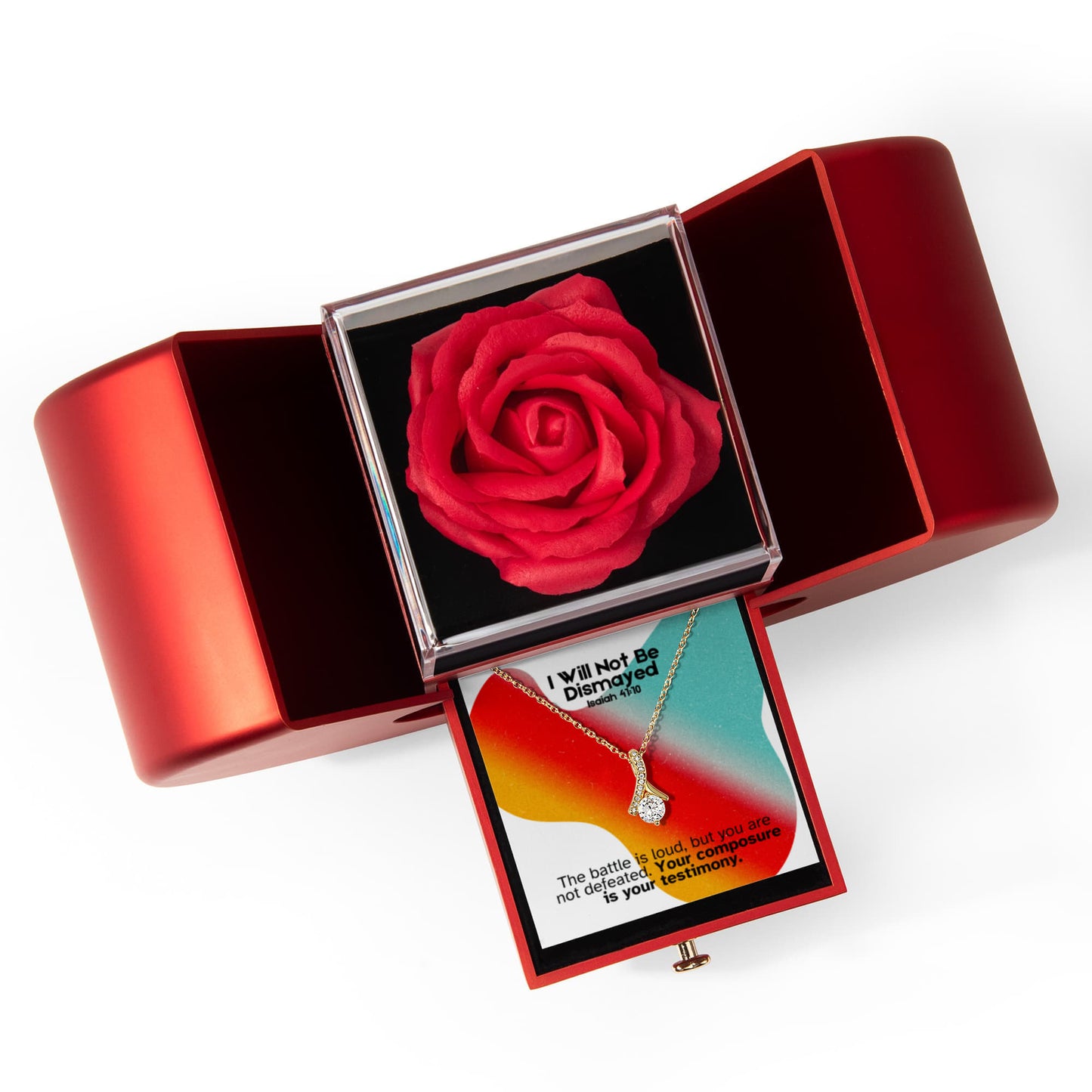 I Will Not Be Dismayed (Isaiah 41:10) | Love Knot Necklace in Red Heart Rose Box