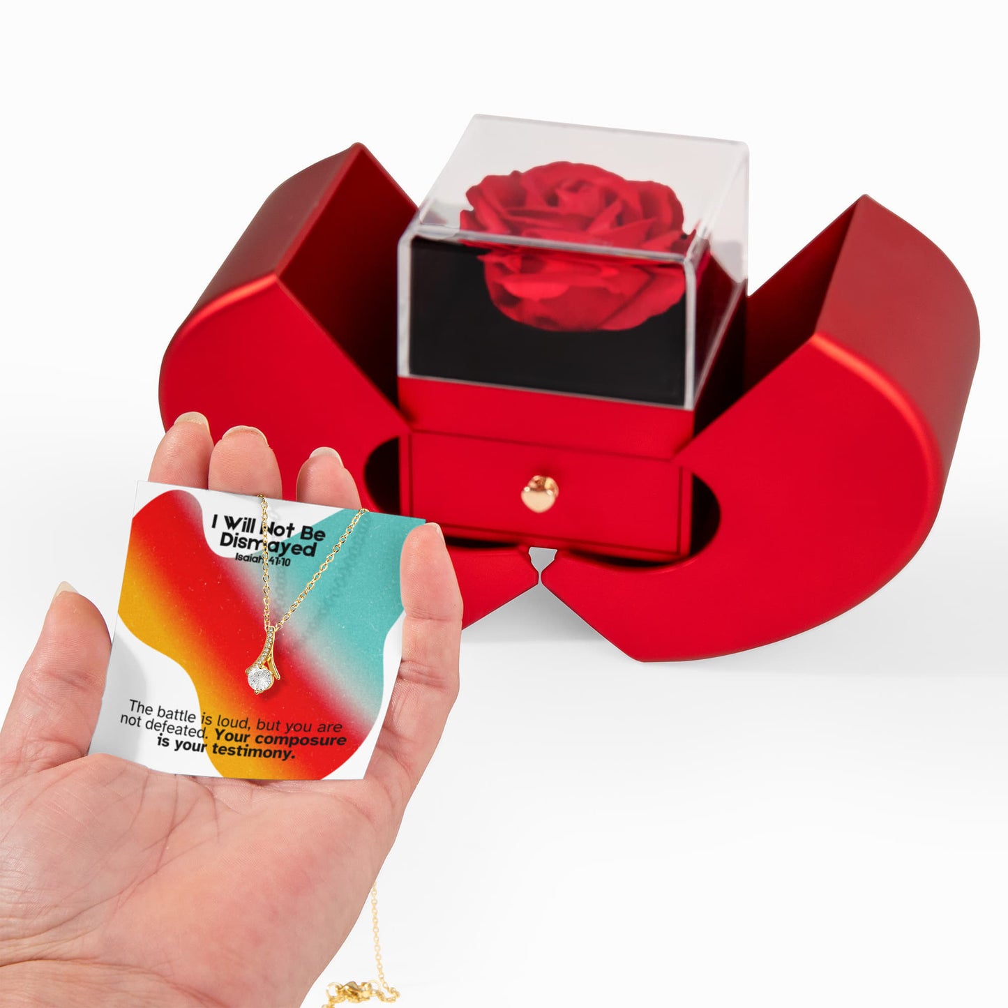 I Will Not Be Dismayed (Isaiah 41:10) | Love Knot Necklace in Red Heart Rose Box