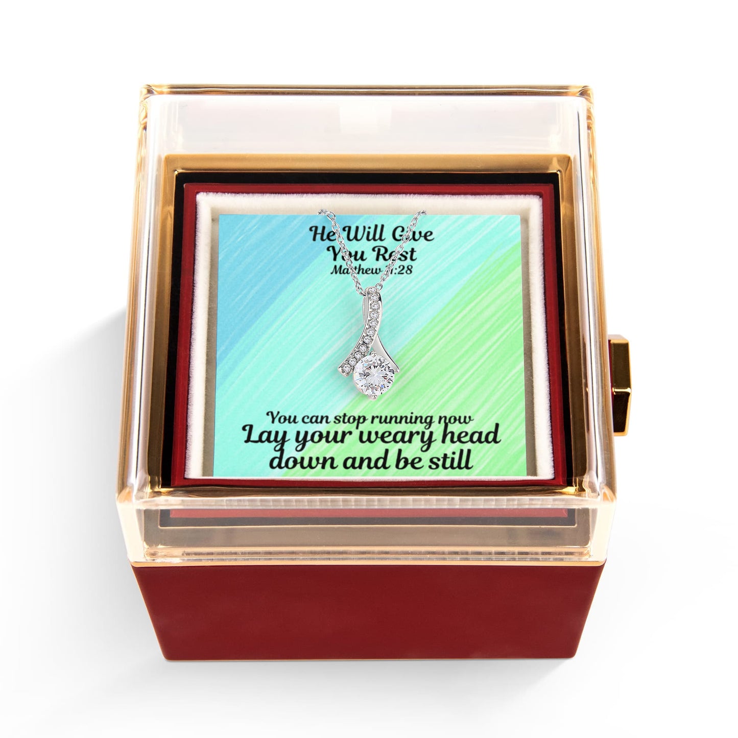 He Will Give You Rest (Matthew 11:28) | Alluring Beauty Necklace in Rotating Rose Gift Box