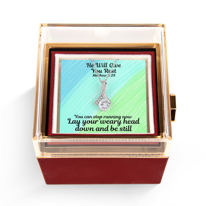 He Will Give You Rest (Matthew 11:28) | Alluring Beauty Necklace in Rotating Rose Gift Box