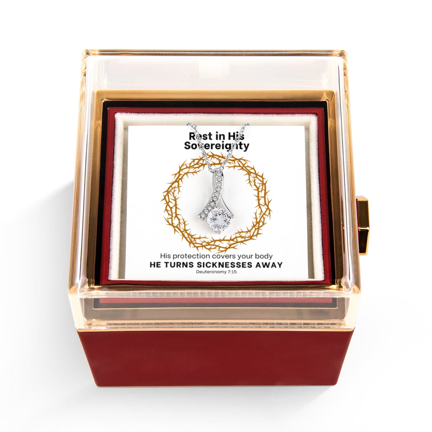 He Turns Sicknesses Away (Deuteronomy 7:15) | Alluring Beauty Necklace in Rotating Rose Gift Box
