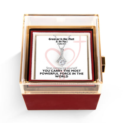 Greater Is He That Is In You (1 John 4:4) | Alluring Beauty Necklace in Rotating Rose Gift Box