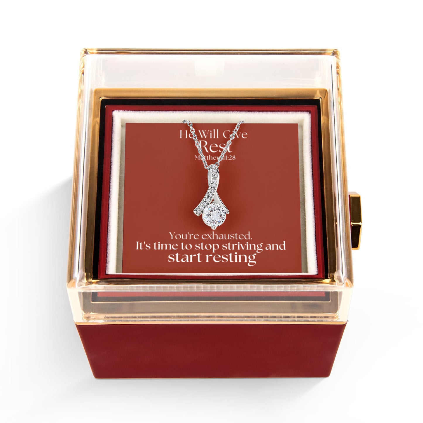 He Will Give  Rest (Matthew 11:28) | Alluring Beauty Necklace in Rotating Rose Gift Box
