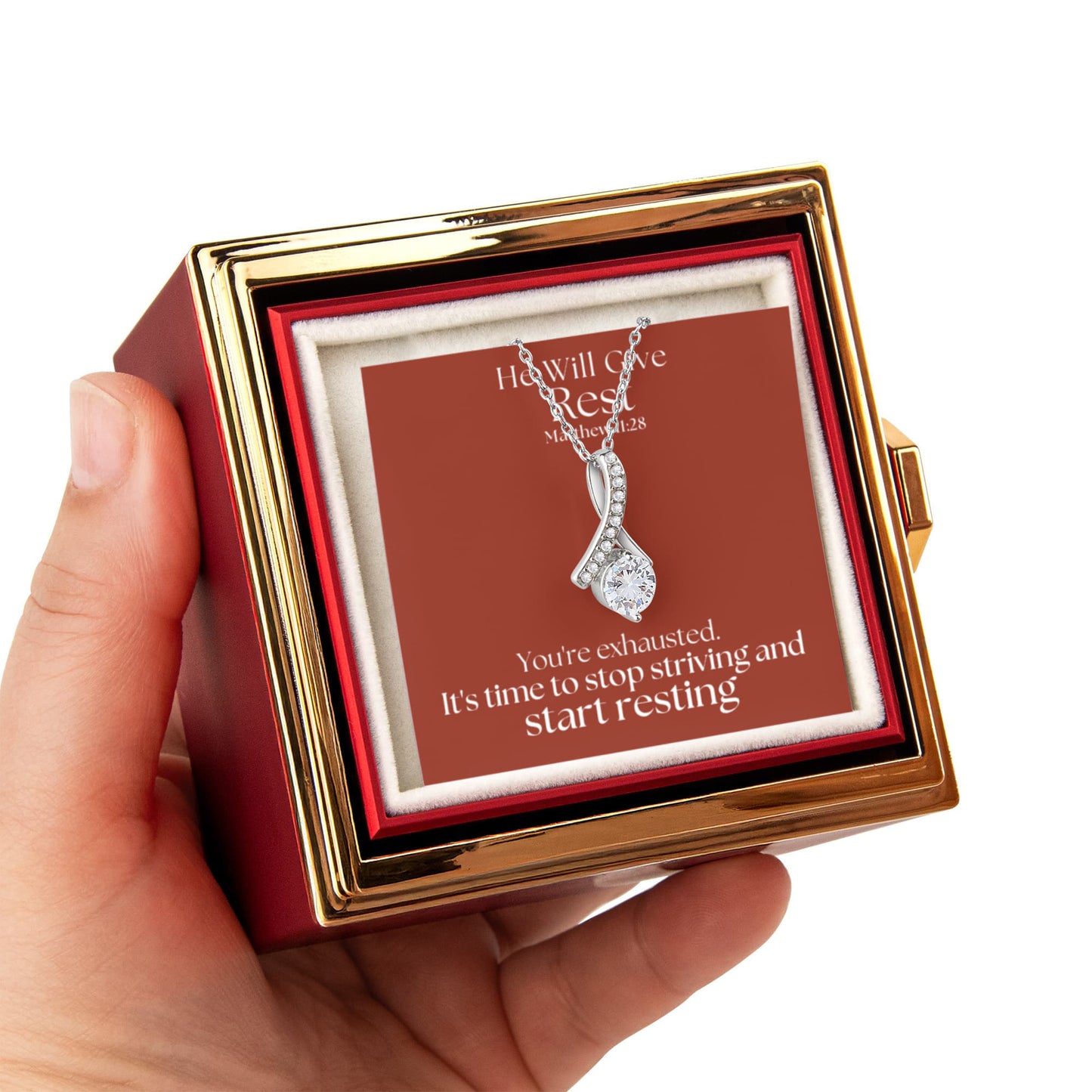 He Will Give  Rest (Matthew 11:28) | Alluring Beauty Necklace in Rotating Rose Gift Box