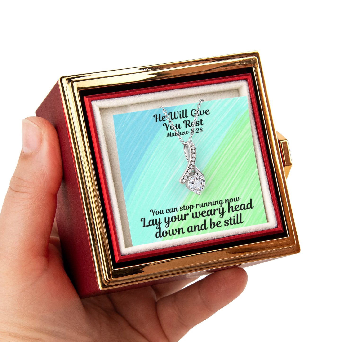 He Will Give You Rest (Matthew 11:28) | Alluring Beauty Necklace in Rotating Rose Gift Box