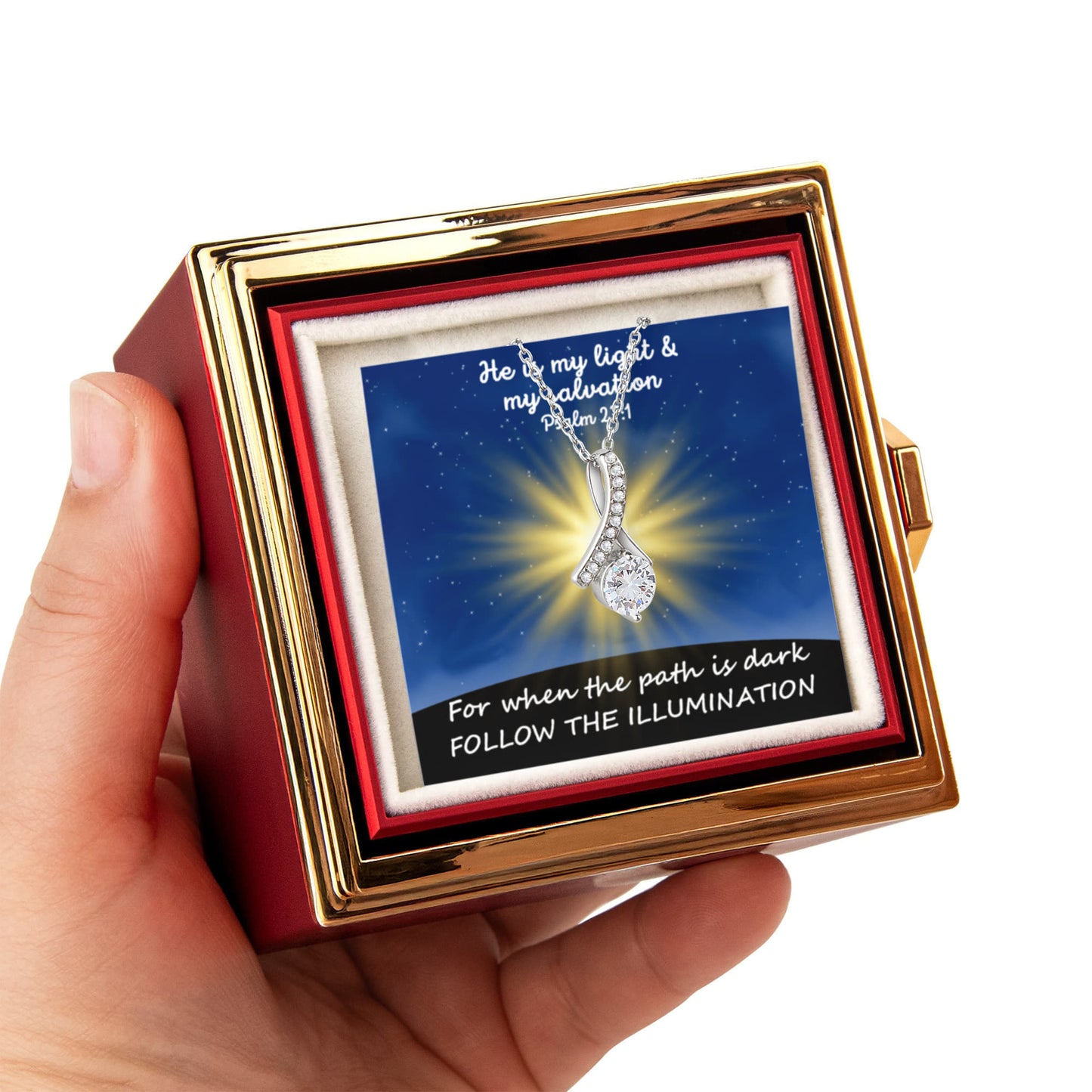 He Is My Light & My Salvation (Psalm 27:1) | Alluring Beauty Necklace in Rotating Rose Gift Box