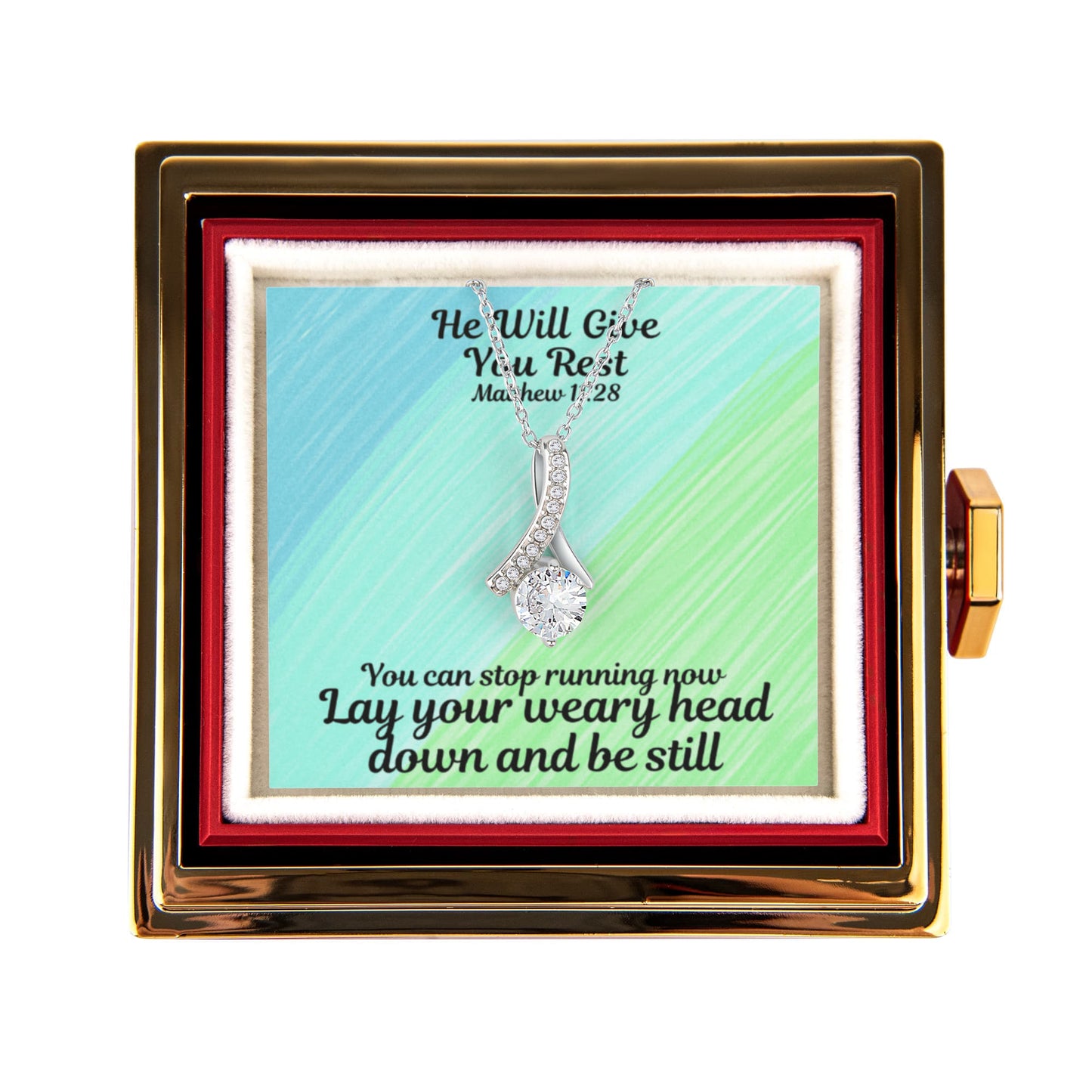 He Will Give You Rest (Matthew 11:28) | Alluring Beauty Necklace in Rotating Rose Gift Box