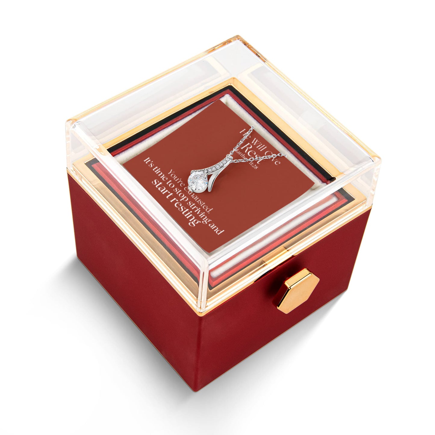 He Will Give  Rest (Matthew 11:28) | Alluring Beauty Necklace in Rotating Rose Gift Box