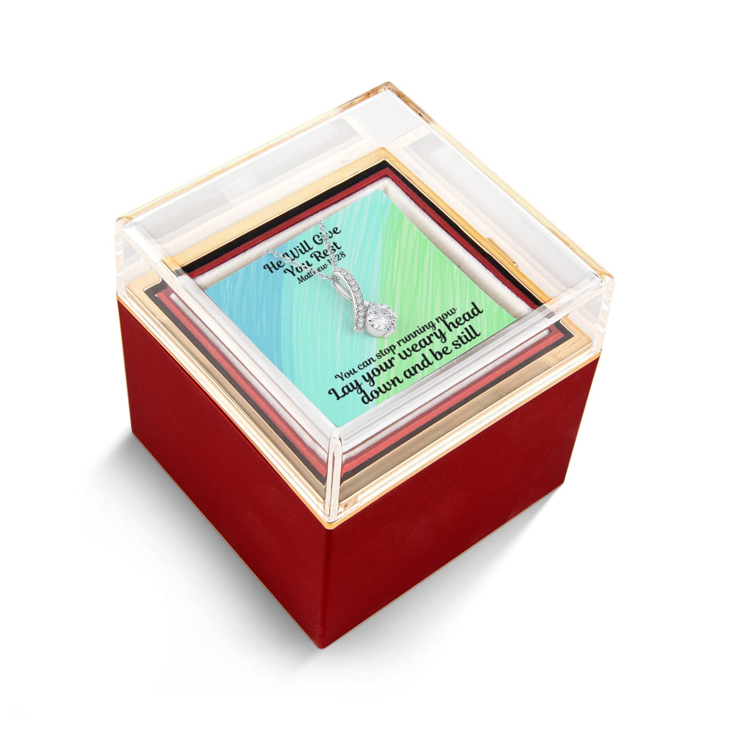 He Will Give You Rest (Matthew 11:28) | Alluring Beauty Necklace in Rotating Rose Gift Box