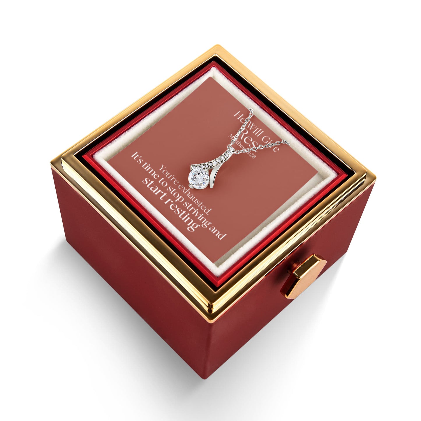 He Will Give  Rest (Matthew 11:28) | Alluring Beauty Necklace in Rotating Rose Gift Box