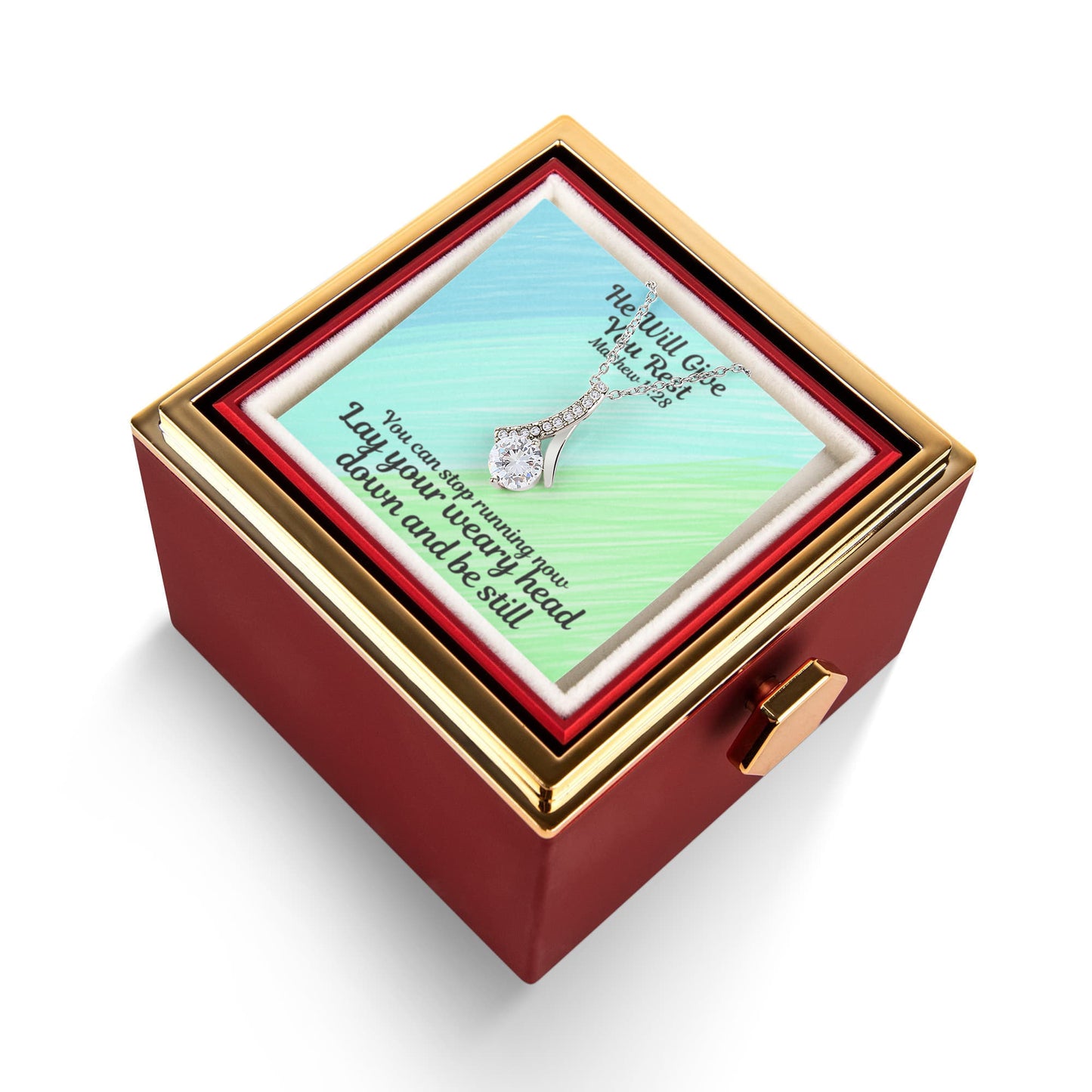 He Will Give You Rest (Matthew 11:28) | Alluring Beauty Necklace in Rotating Rose Gift Box