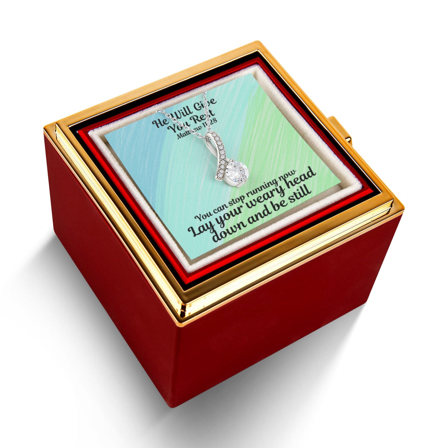 He Will Give You Rest (Matthew 11:28) | Alluring Beauty Necklace in Rotating Rose Gift Box