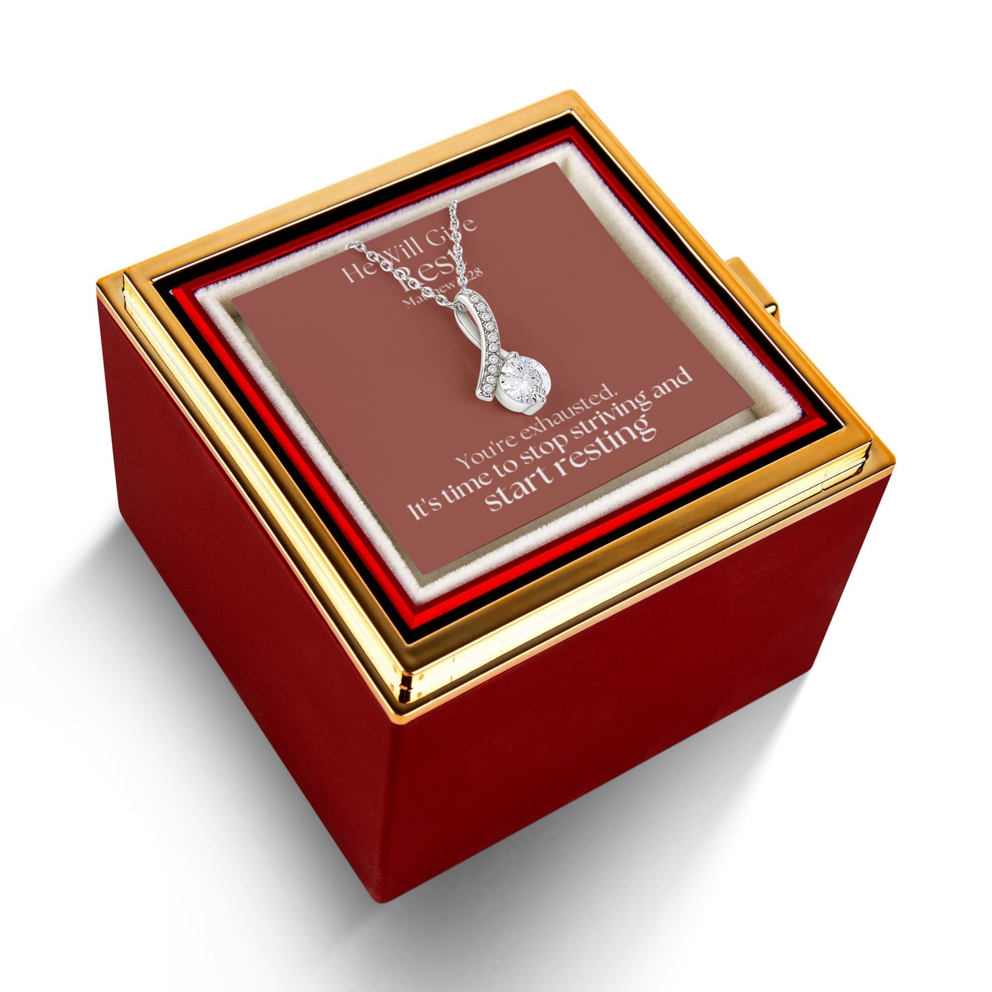 He Will Give  Rest (Matthew 11:28) | Alluring Beauty Necklace in Rotating Rose Gift Box