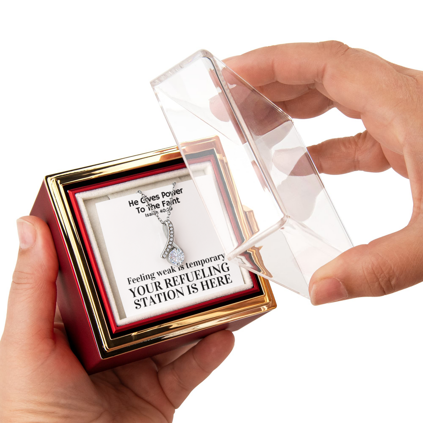 He Gives Power To The Faint (Isaiah 40:29) | Alluring Beauty Necklace in Rotating Rose Gift Box