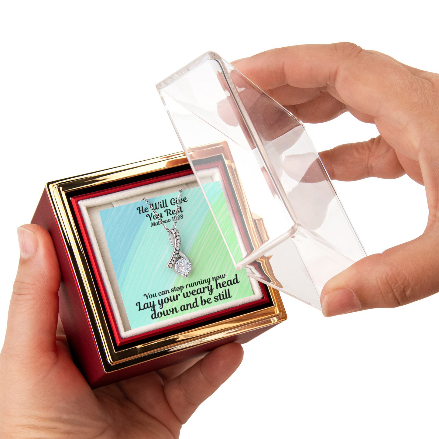 He Will Give You Rest (Matthew 11:28) | Alluring Beauty Necklace in Rotating Rose Gift Box