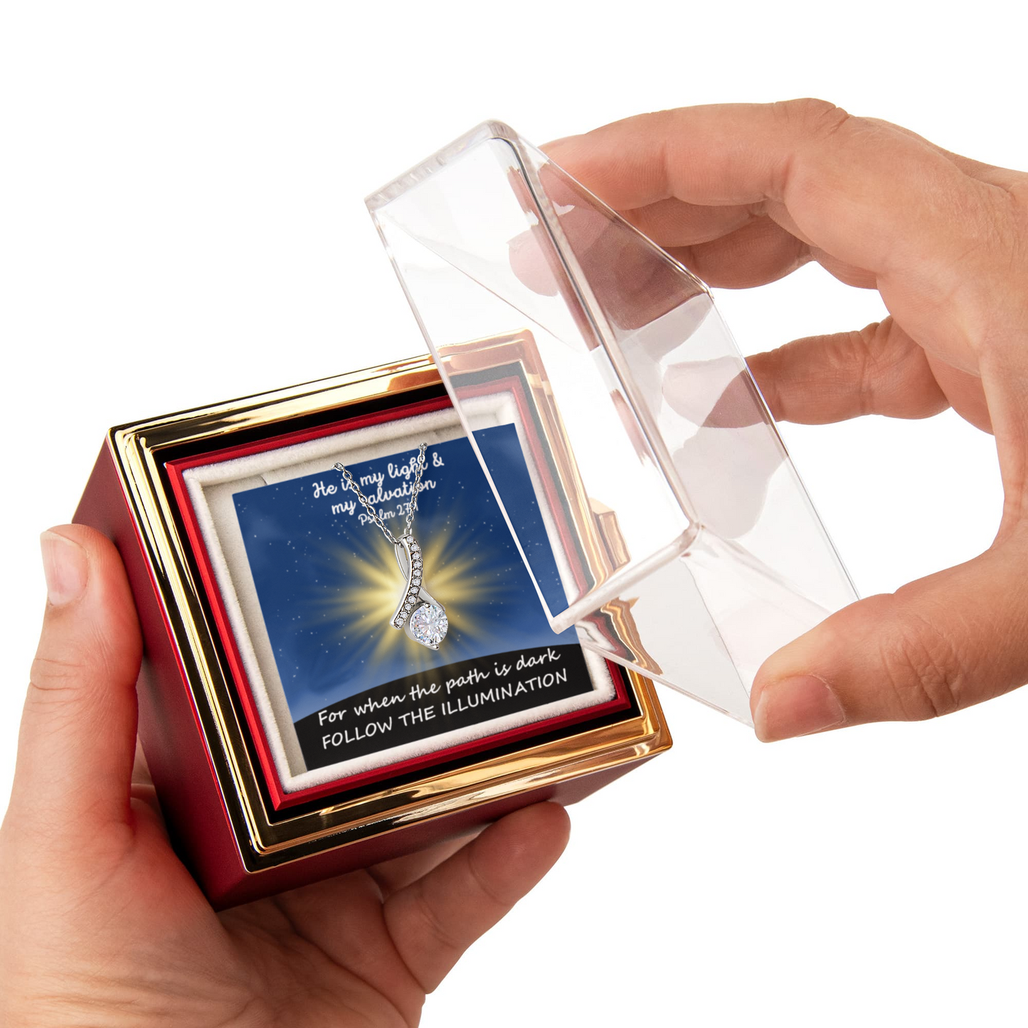 He Is My Light & My Salvation (Psalm 27:1) | Alluring Beauty Necklace in Rotating Rose Gift Box