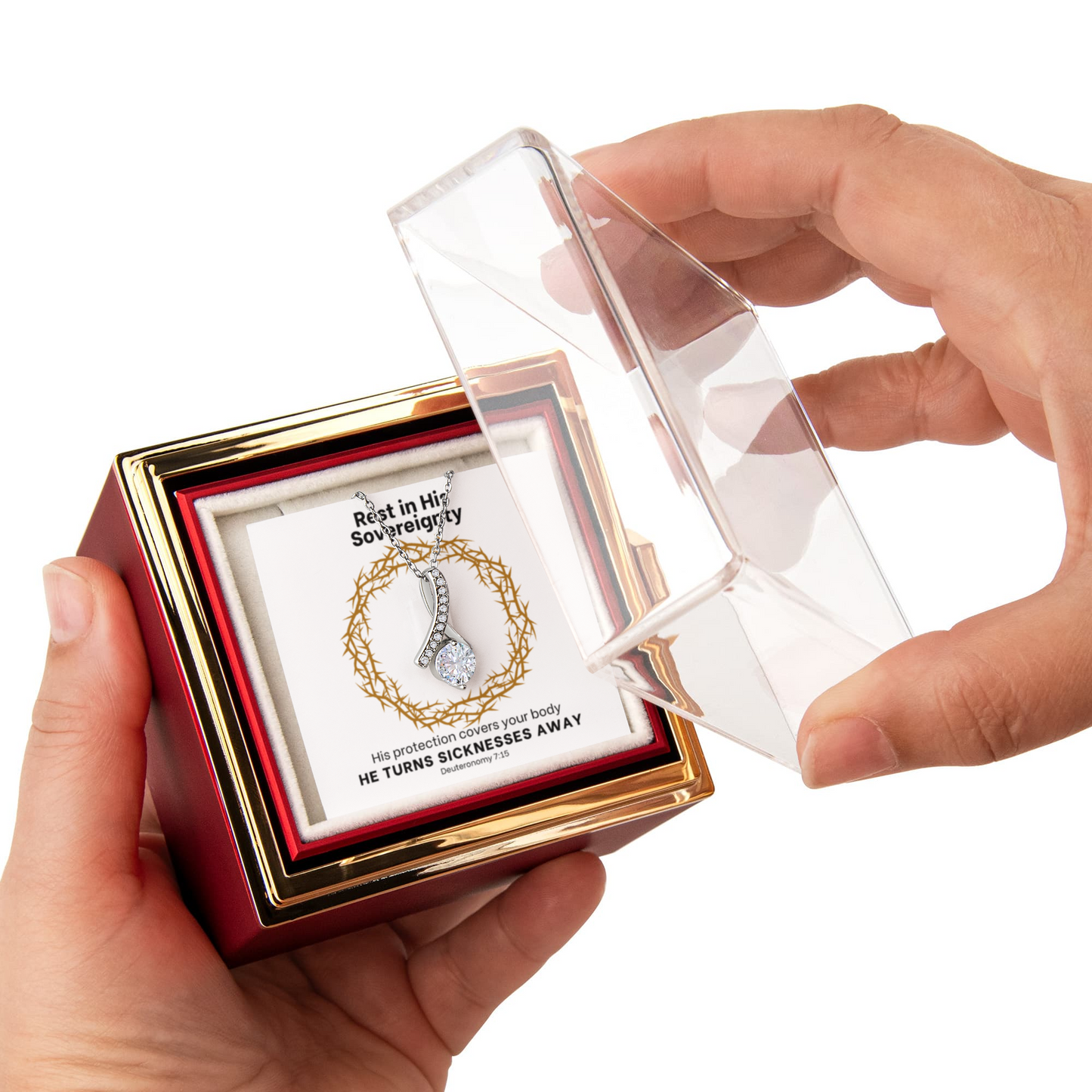 He Turns Sicknesses Away (Deuteronomy 7:15) | Alluring Beauty Necklace in Rotating Rose Gift Box
