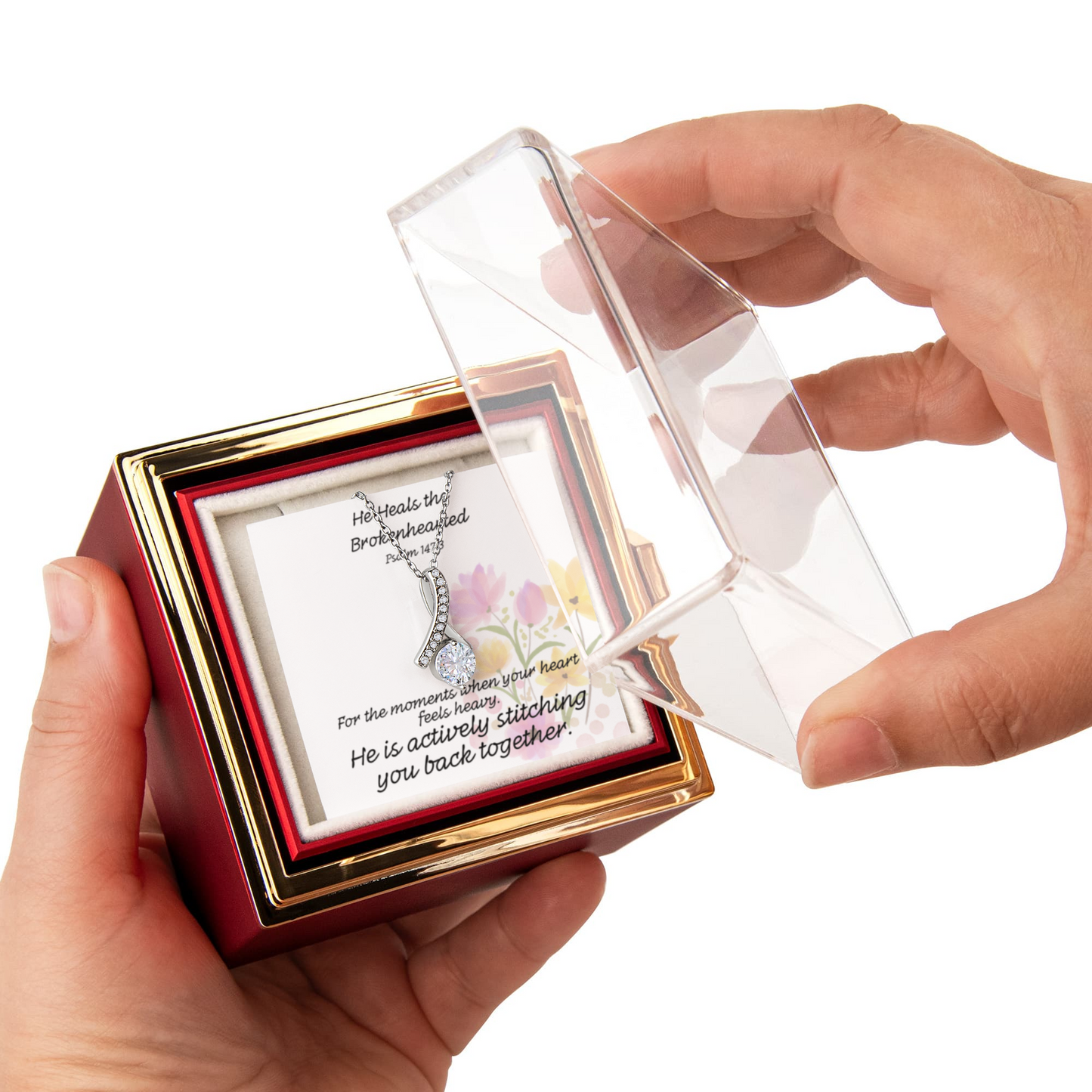 He Heals The Brokenhearted (Psalm 147:3) | Alluring Beauty Necklace in Rotating Rose Gift Box