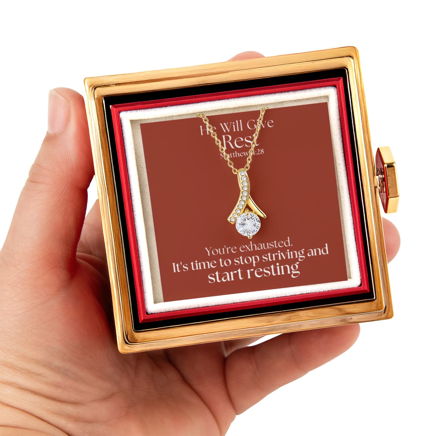 He Will Give  Rest (Matthew 11:28) | Alluring Beauty Necklace in Rotating Rose Gift Box
