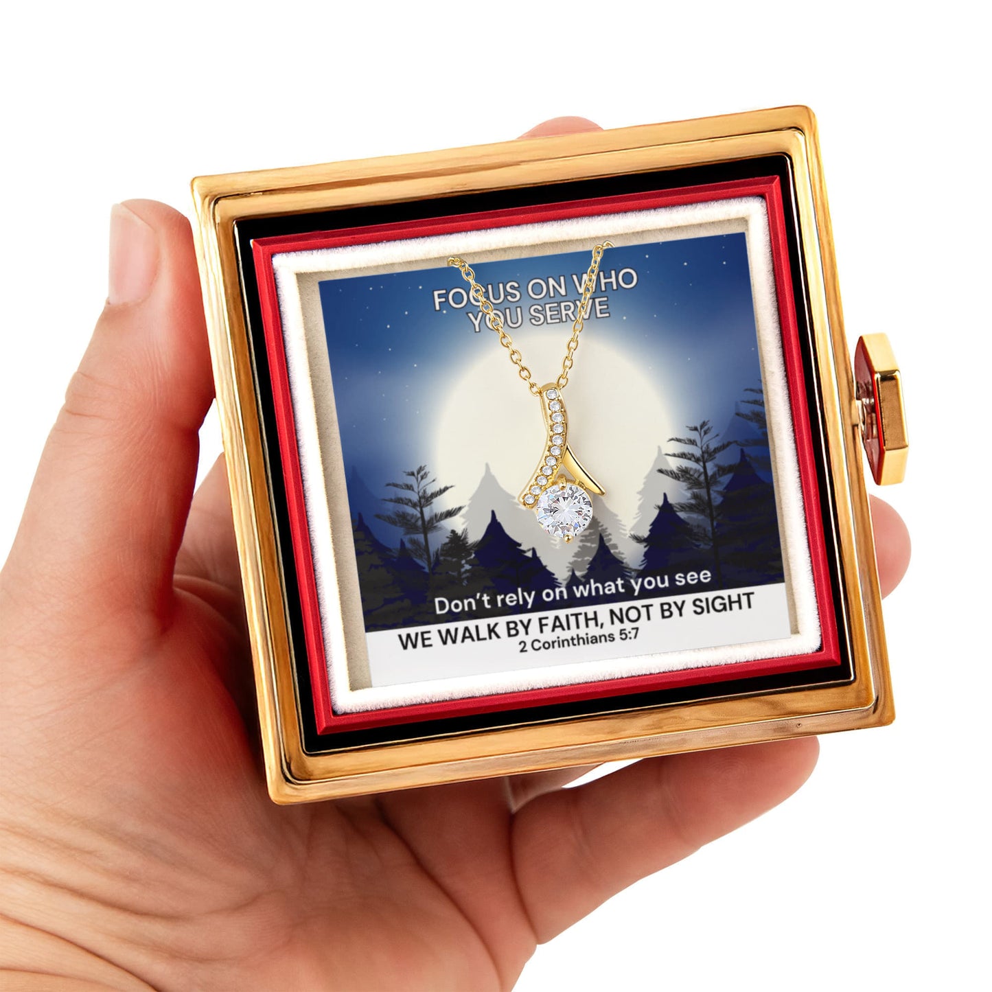 We Walk By Faith, Not By Sight (2 Corinthians 5:7) | Alluring Beauty Necklace in Rotating Rose Gift Box