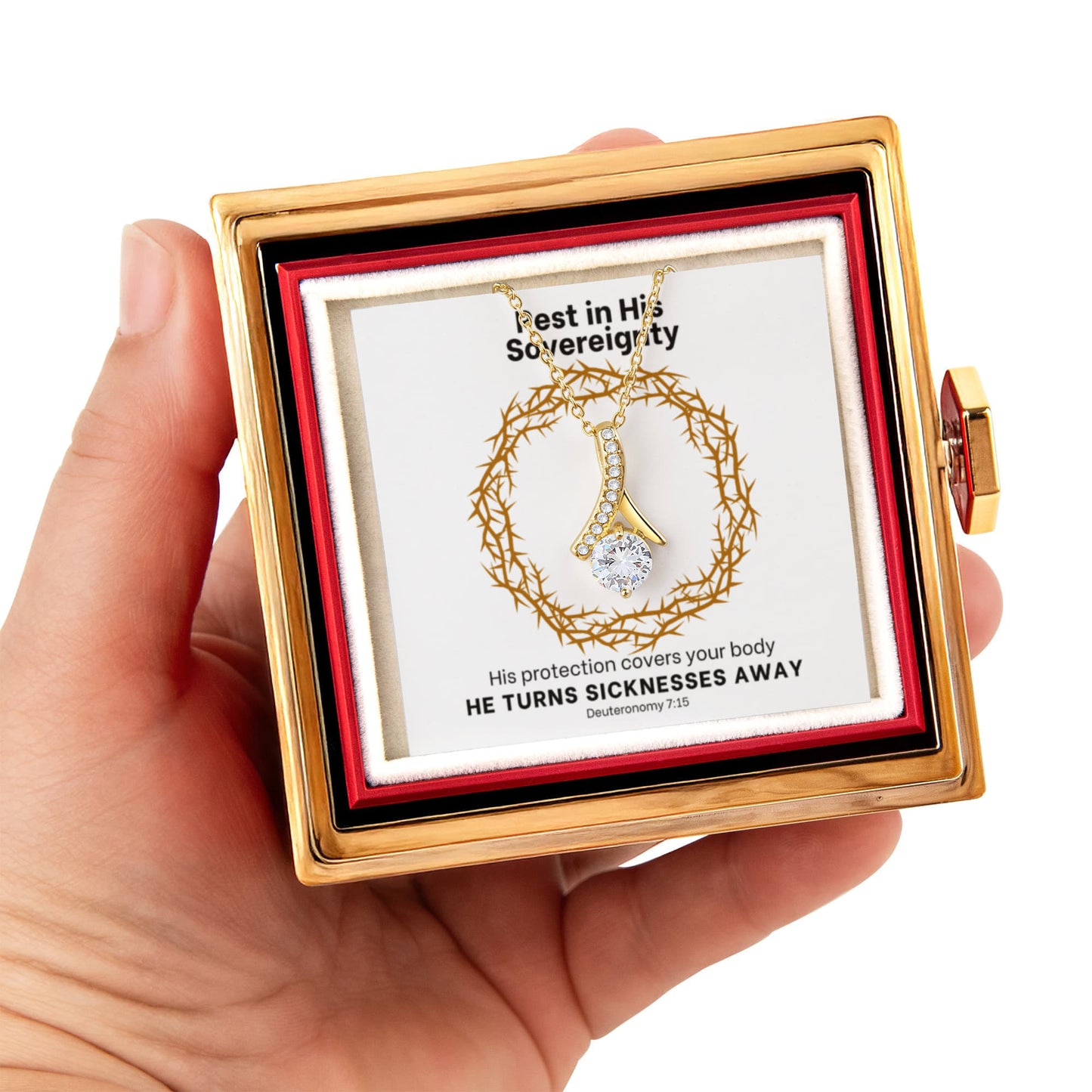 He Turns Sicknesses Away (Deuteronomy 7:15) | Alluring Beauty Necklace in Rotating Rose Gift Box