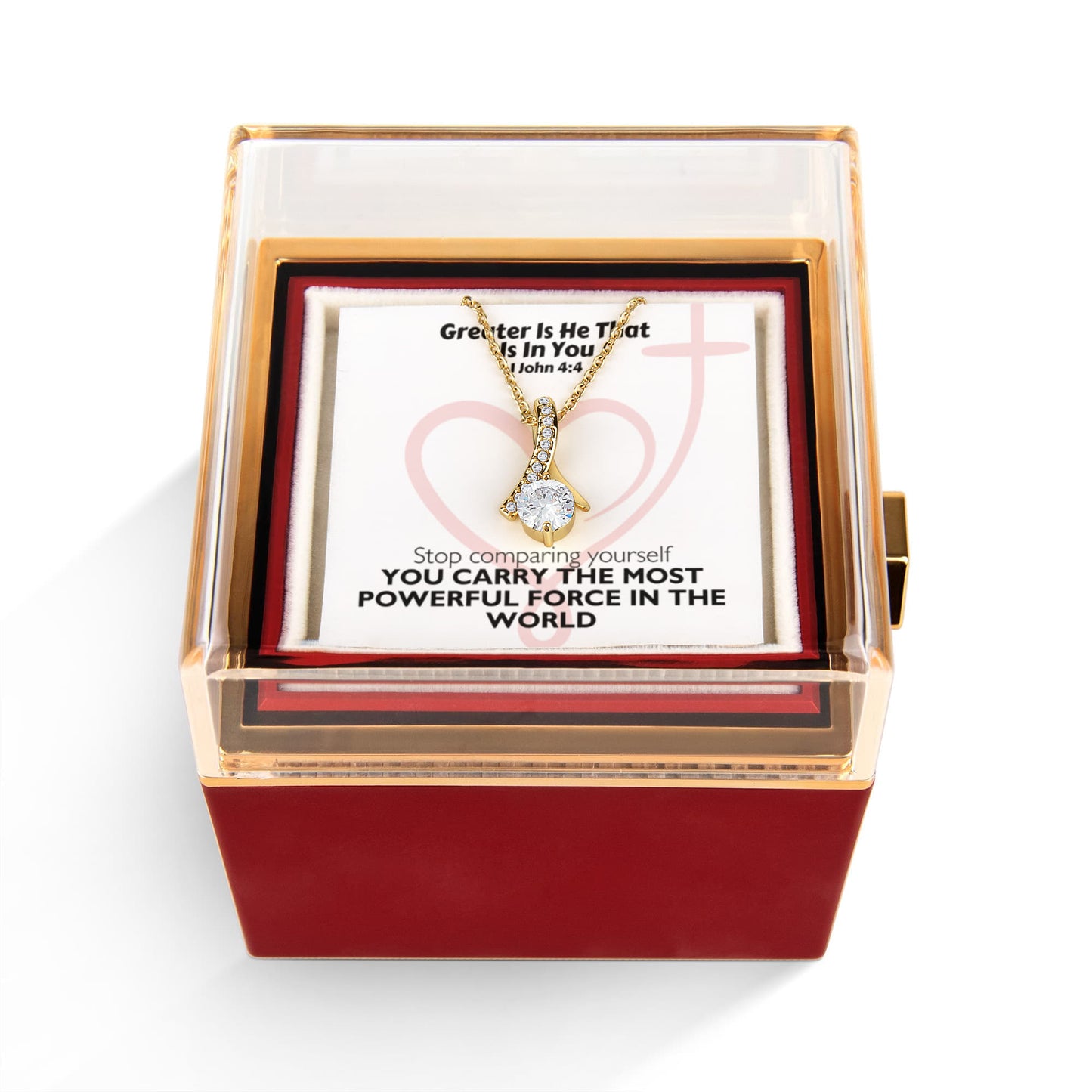 Greater Is He That Is In You (1 John 4:4) | Alluring Beauty Necklace in Rotating Rose Gift Box