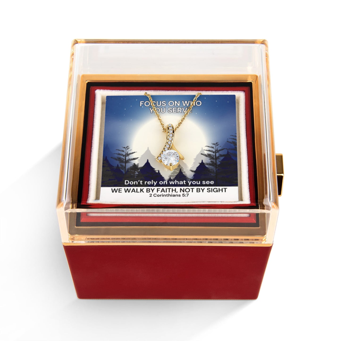 We Walk By Faith, Not By Sight (2 Corinthians 5:7) | Alluring Beauty Necklace in Rotating Rose Gift Box