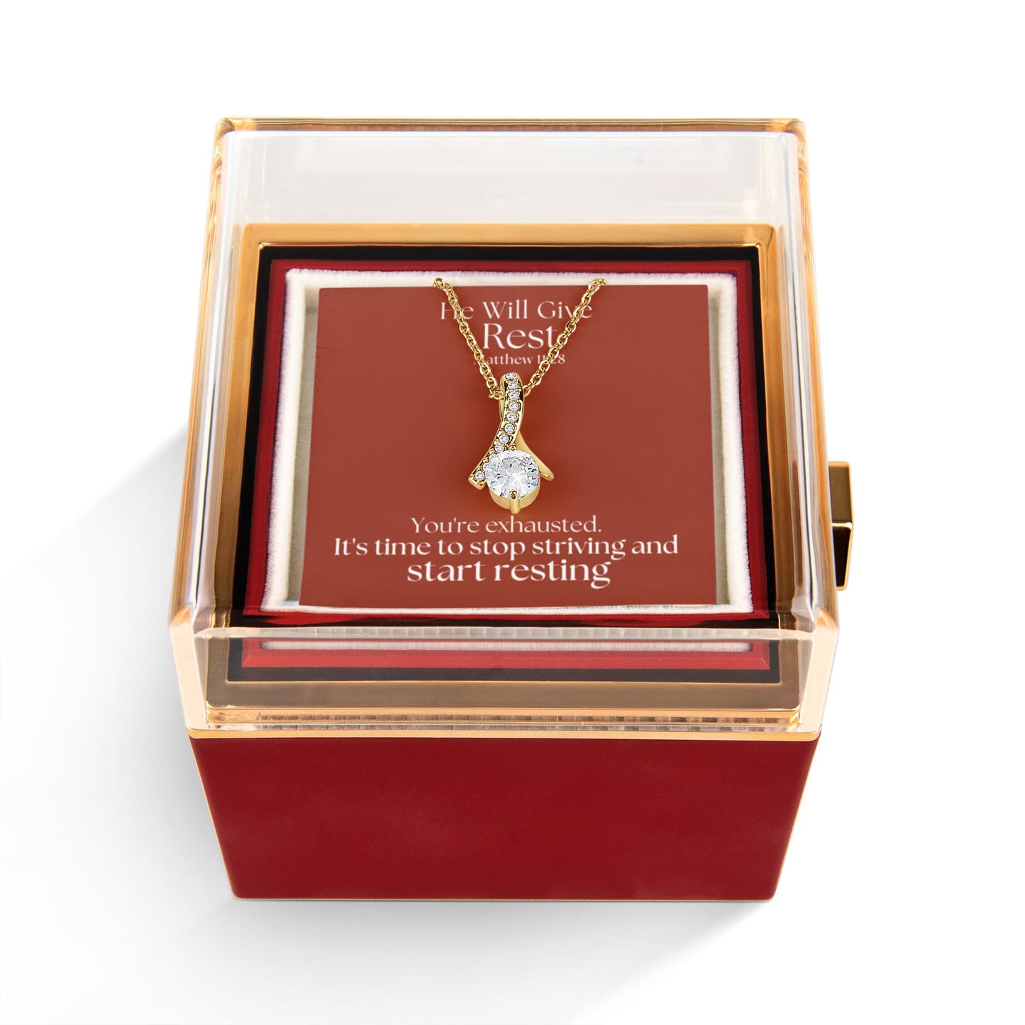 He Will Give  Rest (Matthew 11:28) | Alluring Beauty Necklace in Rotating Rose Gift Box