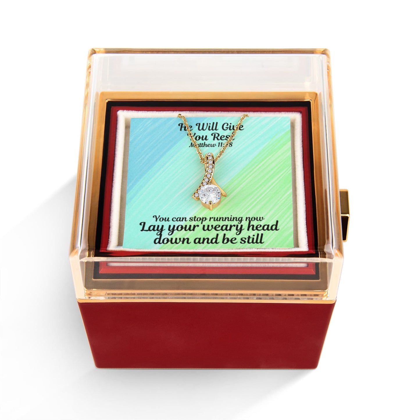 He Will Give You Rest (Matthew 11:28) | Alluring Beauty Necklace in Rotating Rose Gift Box