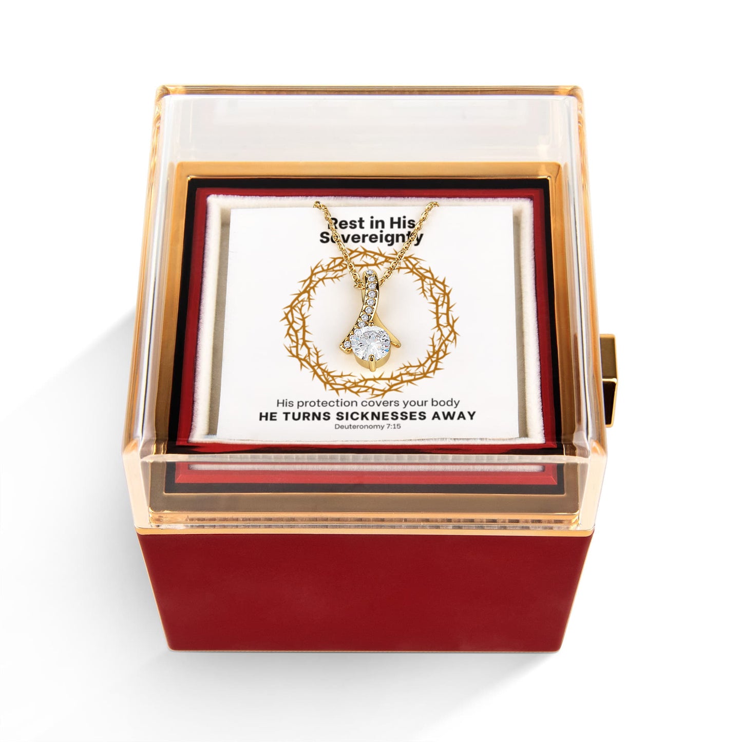 He Turns Sicknesses Away (Deuteronomy 7:15) | Alluring Beauty Necklace in Rotating Rose Gift Box