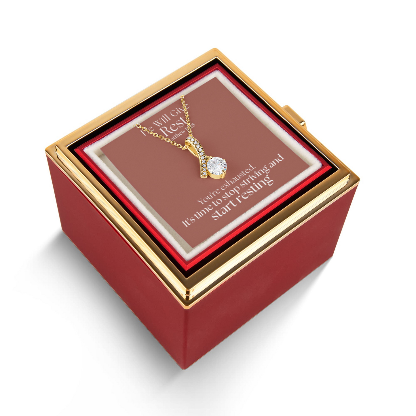 He Will Give  Rest (Matthew 11:28) | Alluring Beauty Necklace in Rotating Rose Gift Box