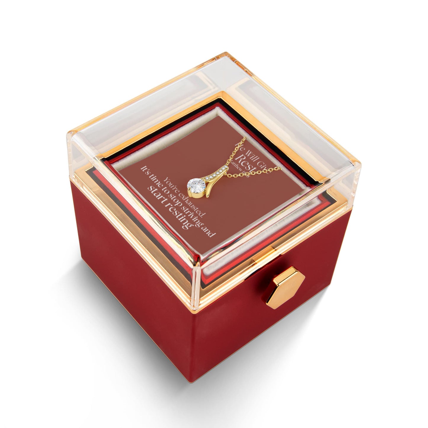 He Will Give  Rest (Matthew 11:28) | Alluring Beauty Necklace in Rotating Rose Gift Box