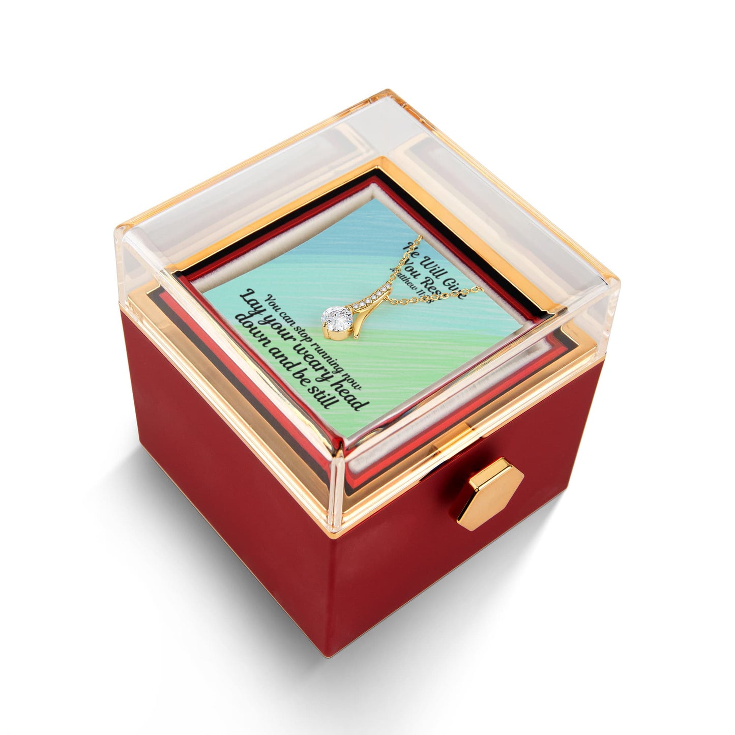 He Will Give You Rest (Matthew 11:28) | Alluring Beauty Necklace in Rotating Rose Gift Box