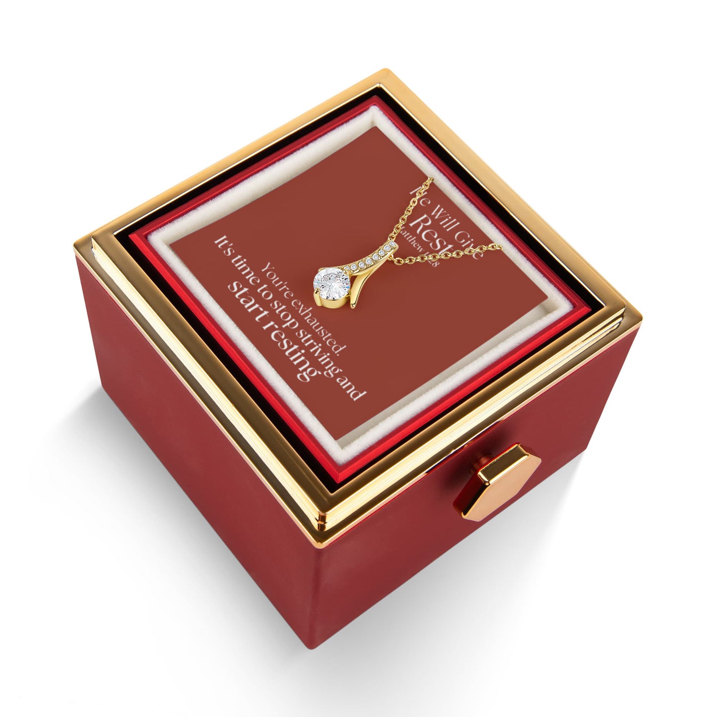 He Will Give  Rest (Matthew 11:28) | Alluring Beauty Necklace in Rotating Rose Gift Box