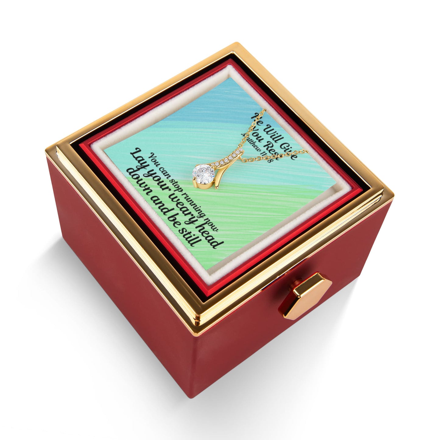 He Will Give You Rest (Matthew 11:28) | Alluring Beauty Necklace in Rotating Rose Gift Box