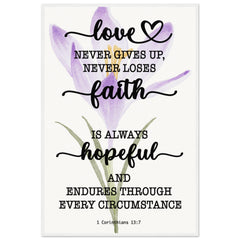 Minimalist Typography Framed Poster | Love Never Gives Up ~1 Corinthians 13:7~ (5 Designs)