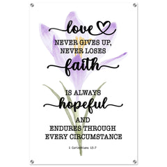 Minimalist Typography Acrylic Print | Love Never Gives Up ~1 Corinthians 13:7~ (5 Designs)
