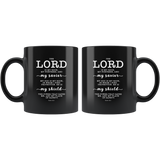 Typography Dishwasher Safe Black Mugs - The Lord Is My Rock & Fortress ~Psalm 18:2~