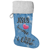 Fluffy Sherpa Lined Christmas Stocking - Jesus Loves Me This I Know (Design: Blue)