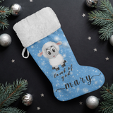 Personalised Name Fluffy Sherpa Lined Christmas Stocking - Lamb Of God (Design: Blue)