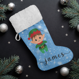 Personalised Name Fluffy Sherpa Lined Christmas Stocking - Elf Boy (Design: Blue)