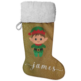 Personalised Name Fluffy Sherpa Lined Christmas Stocking - Elf Boy (Design: Gold)