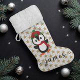Personalised Name Fluffy Sherpa Lined Christmas Stocking - Penguin Boy (Design: Gold Star)