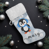 Personalised Name Fluffy Sherpa Lined Christmas Stocking - Penguin Girl (Design: White Snowflake)