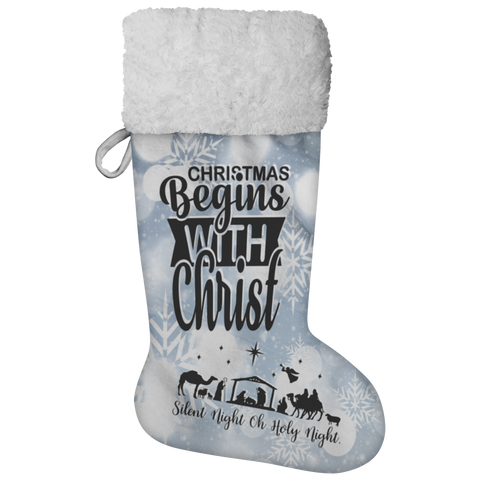 Fluffy Sherpa Lined Christmas Stocking - Christmas Begins With Christ (Design: White Snowflake)