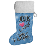 Fluffy Sherpa Lined Christmas Stocking - Jesus Loves Me This I Know (Design: Blue)